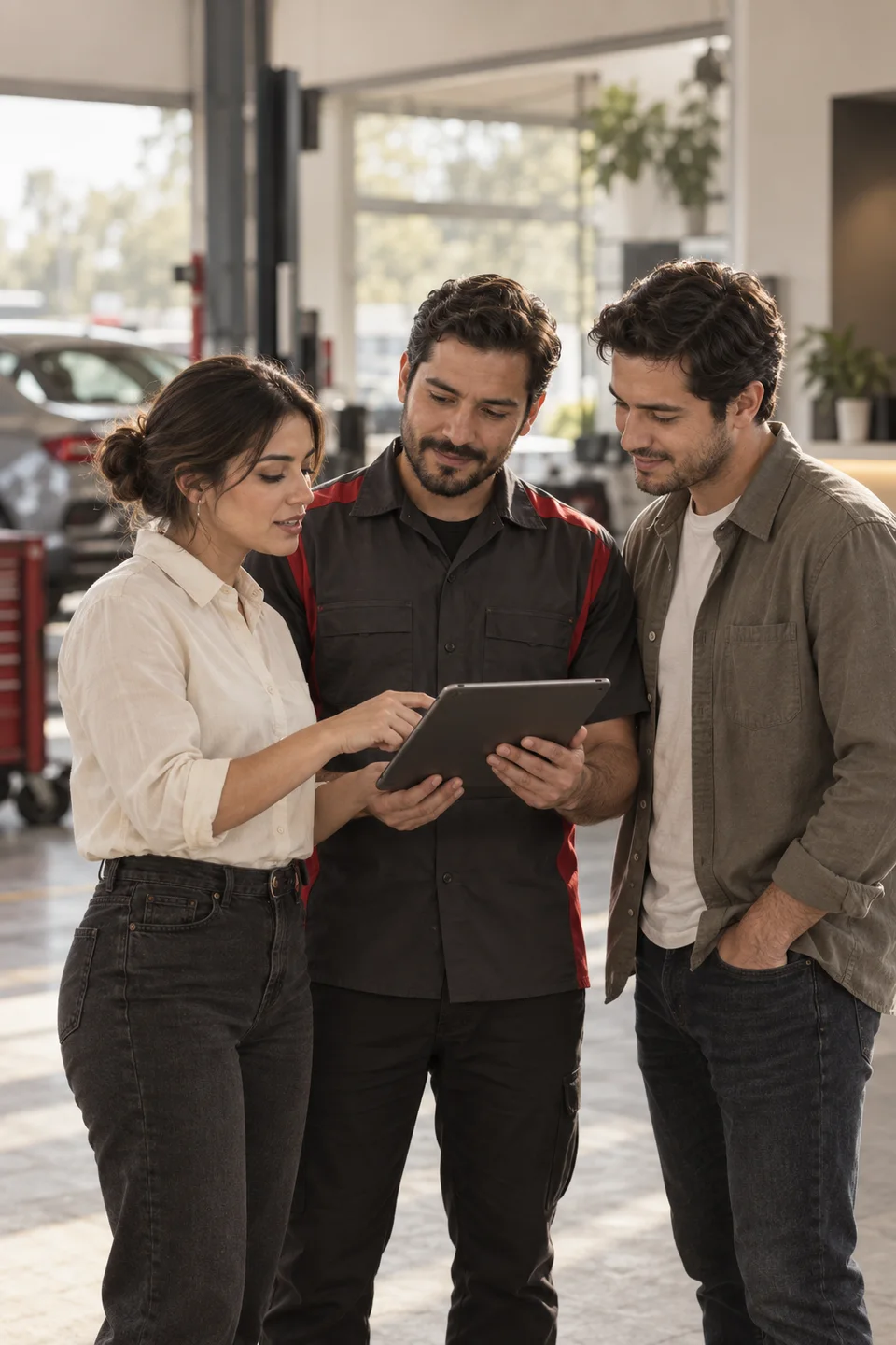 Equipo de asistencia automotriz coordinándose alrededor de una tablet